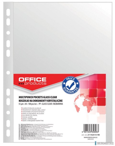 Koszulki na dokumenty , PP, A4, krystal, 55mikr., 100szt., typu OFFICE PRODUCTS 21142515-90