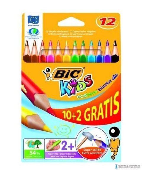 Kredki ołówkowe BIC Kids Evolution Triangle ECOlutions 10+2kol, 8871462