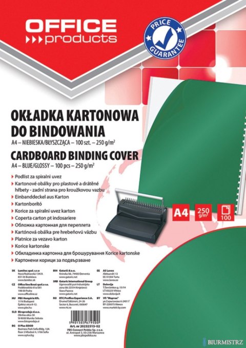 Okładki do bindowania , karton, A4, 250gsm, błyszczące, 100szt., zielone, typu OFFICE PRODUCTS 20232515-02