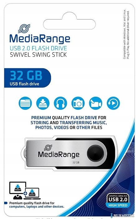 Pamięć Pendrive MediaRange 32GB USB 2.0, obracany, srebrno-czarny, MR911
