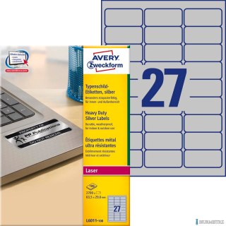Etykiety znamionowe L6011-100 63,5 x 29,6 100ark srebrne, poliestrowe, Avery Zweckform