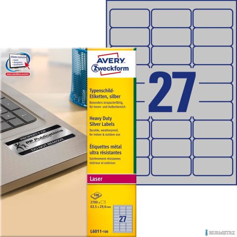 Etykiety znamionowe L6011-100 63,5 x 29,6 100ark srebrne, poliestrowe, Avery Zweckform