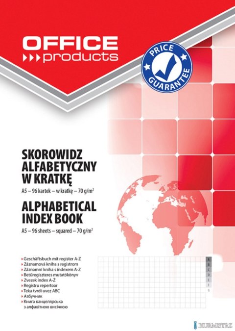 Skorowidz , A5, w kratkę, alfabetyczny, twarda okładka, 96 kart., 70gsm, typu OFFICE PRODUCTS 16061231-99