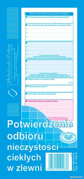 S-100-8 Potwierdzenie odbioru nieczystości ciekłych w zlewni MICHALCZYK I PROKOP