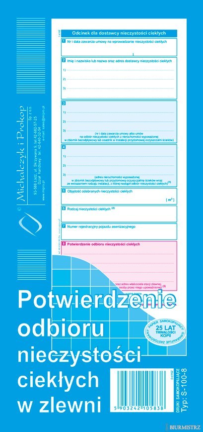 S-100-8 Potwierdzenie odbioru nieczystości ciekłych w zlewni MICHALCZYK I PROKOP