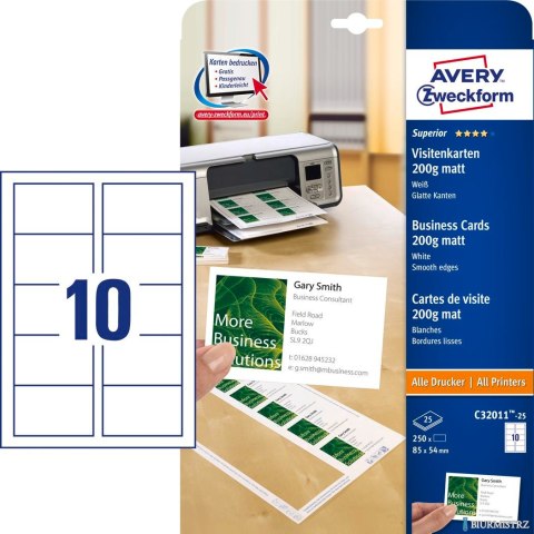 Wizytówki Quick&Clean C32011-25 85 x 54 25ark 250 szt., 200 g, matowe, białe, Avery Zweckform (X)