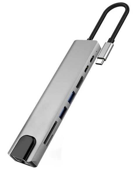 Adapter 8w1 Typ-C to HDMI +RJ45(100Mbps)+USB3.0+USB2.0+SD/TF+68W PD+U