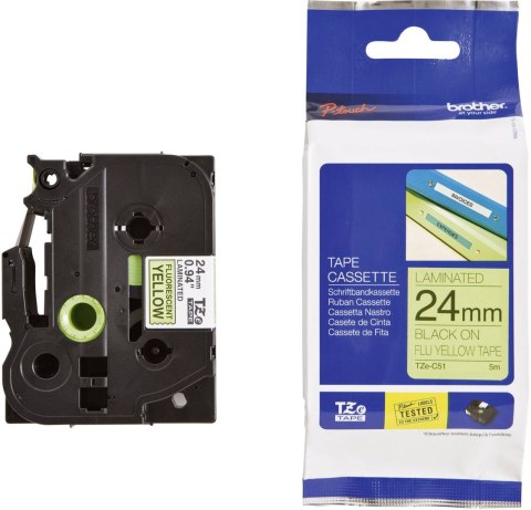 Taśma Brother laminowana 24mm x 5m czarny nadruk/żółte fluorescencyjne tło