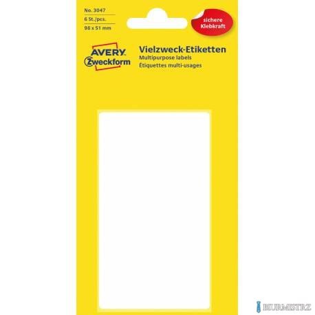 Trwałe minietykiety do opisywania ręcznego, 6 etyk./op., 98 x 51 mm, białe, AVERY ZWECKFORM, 3047