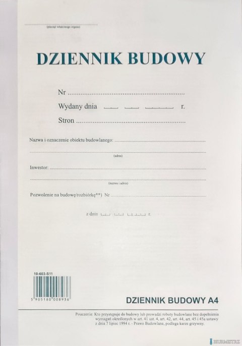 Dziennik budowy A4, 20 stron offset, 10-603-S11 DOTTS.