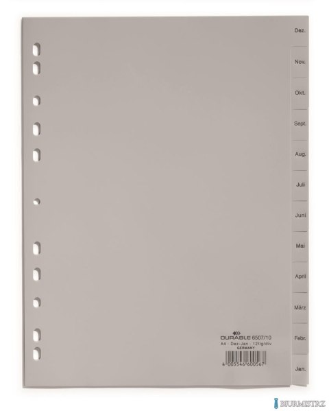 Przekładki PP A4 szare, nadr. indeks, 1-12, 1 2 części Szary 650710 DURABLE