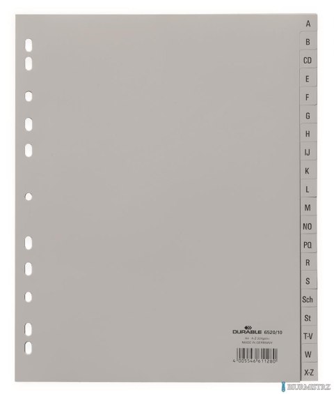 Przekładki PP A4 szare, nadr. indeks, A-Z, 20 części Szary 652010 DURABLE