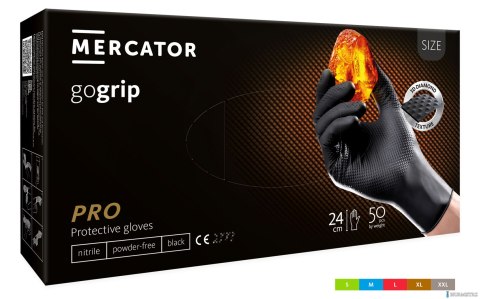 Rękawice nitrylowe bezpudrowe mocne/grube MERCATOR, GOGRIP czarne, (50 szt.), rozmiar M, RP30060003